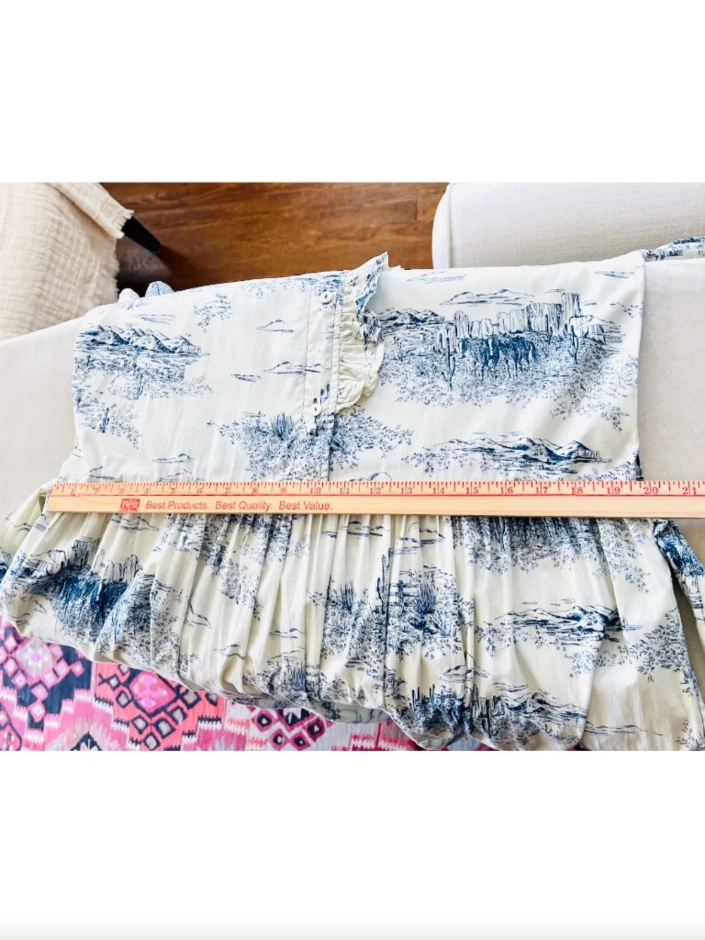 MILLE Victoria Ruffle Front Dress in Cream/Blue  Western Landscape Print - S - Picture 11 of 14